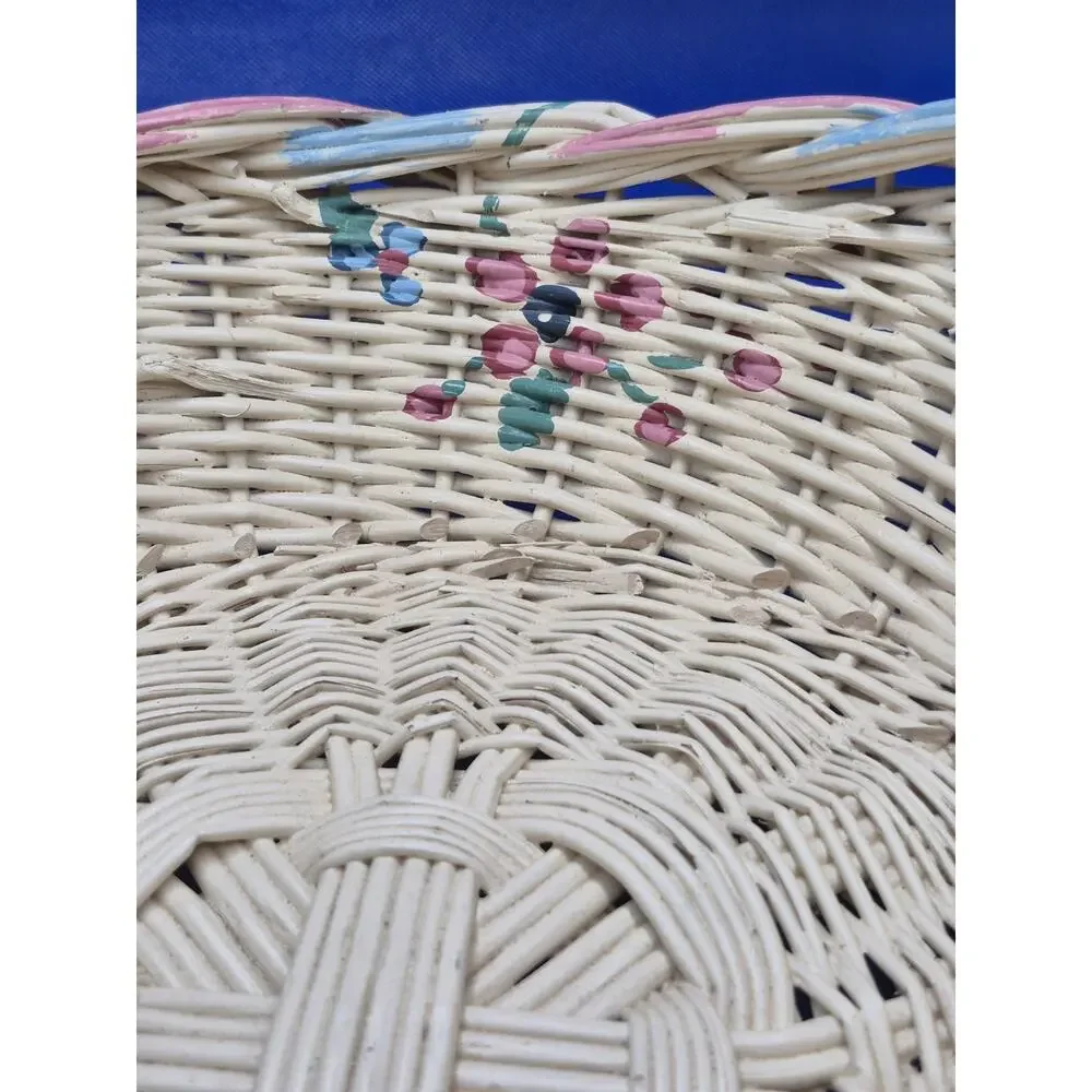 Vintage White Handpainted Floral Wicker Basket w/Handle 17x13x13